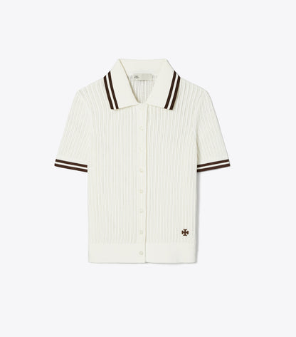 Tory Burch Pointelle Cotton Cardigan - New Ivory / 70'S Botanical Brown