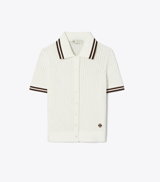 Tory Burch Pointelle Cotton Cardigan - New Ivory / 70'S Botanical Brown