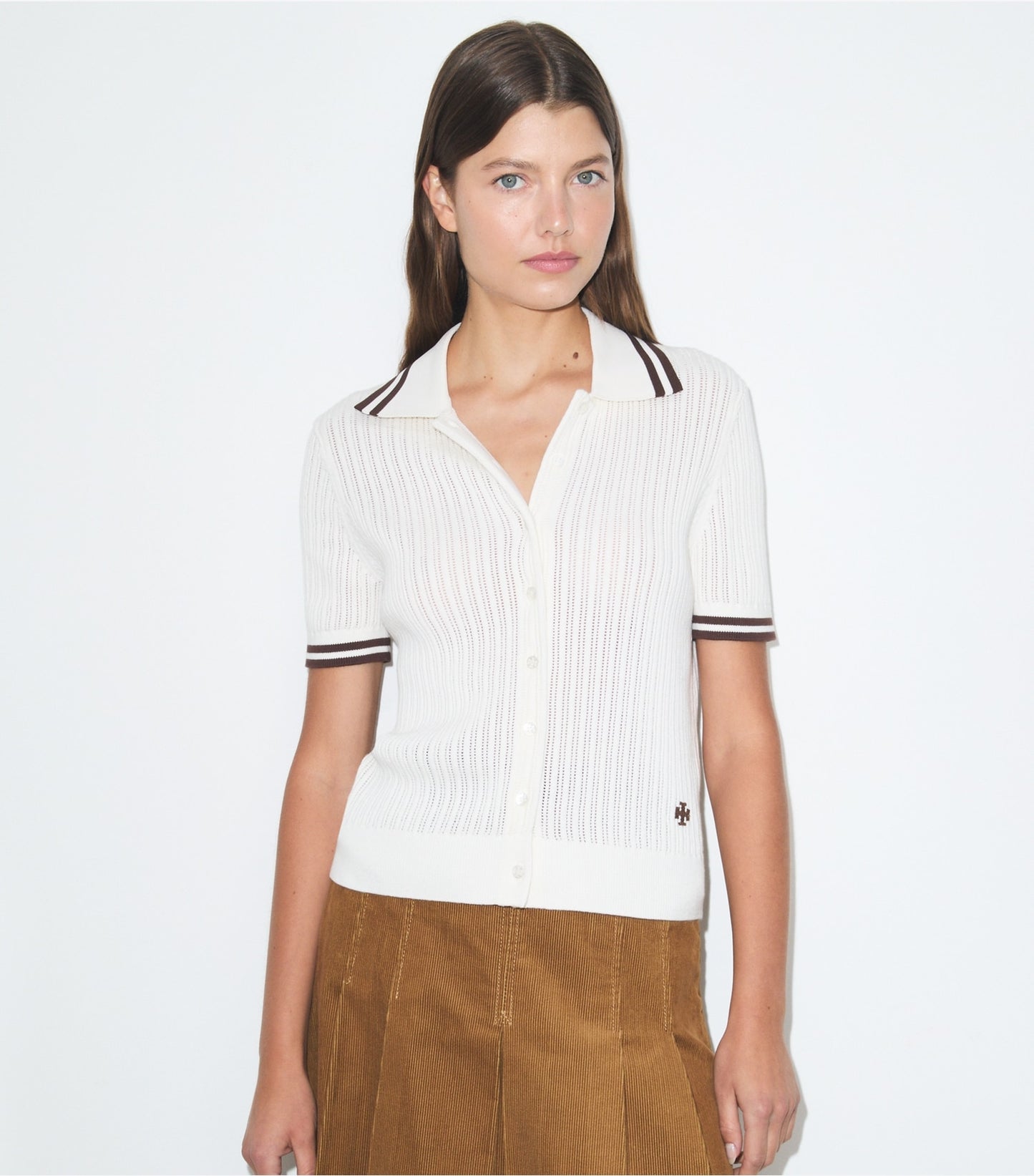 Tory Burch Pointelle Cotton Cardigan - New Ivory / 70'S Botanical Brown