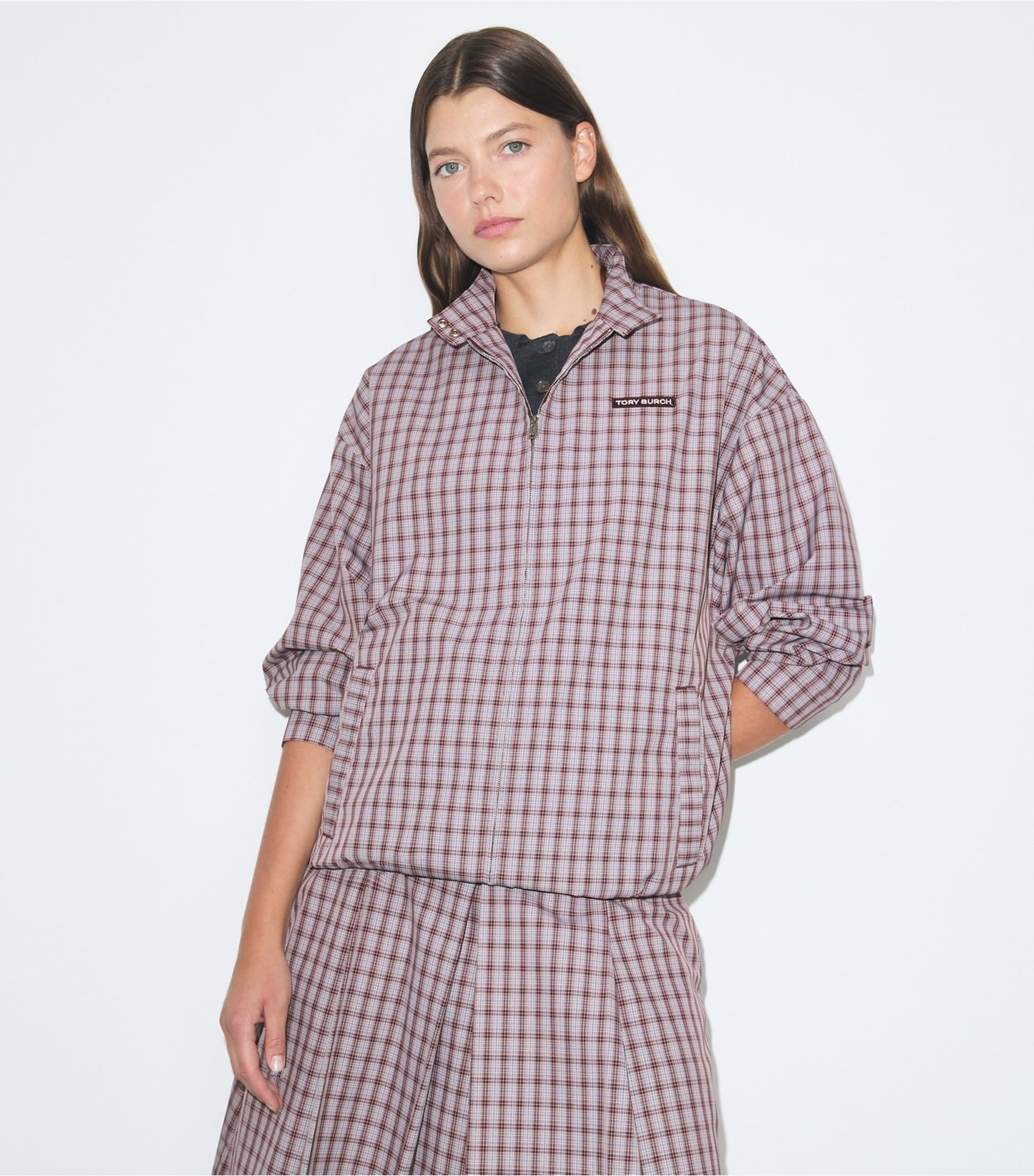 Tory Burch Nylon Plaid Golf Jacket - Burgundy Plaid
