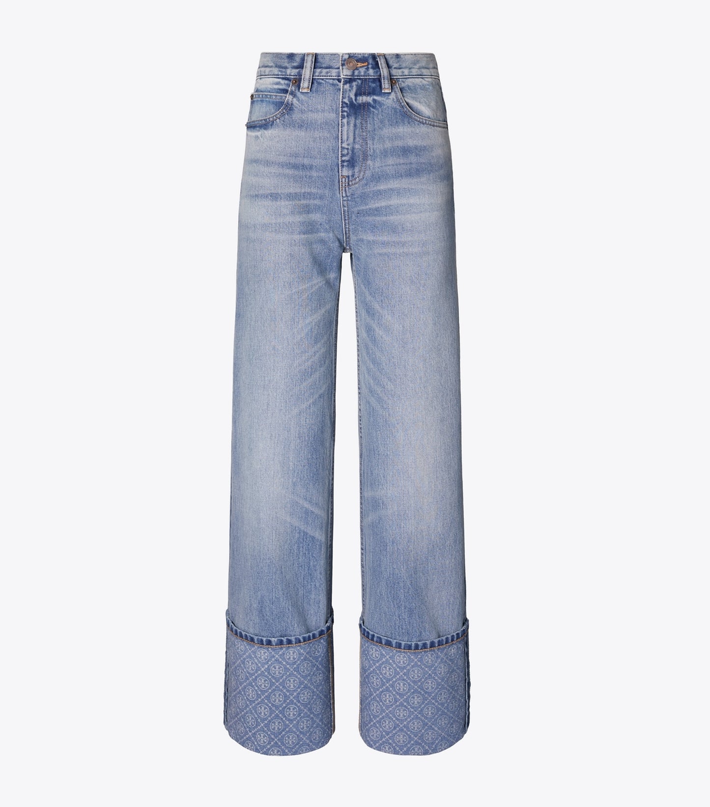 Tory Burch Contrast Cuff Straight Leg Jean - Light Vintage Wash