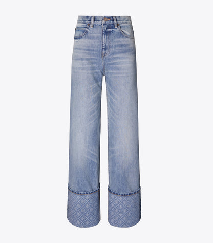 Tory Burch Contrast Cuff Straight Leg Jean - Light Vintage Wash