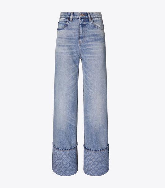 Tory Burch Contrast Cuff Straight Leg Jean - Light Vintage Wash
