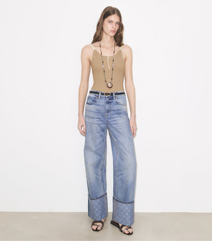 Tory Burch Contrast Cuff Straight Leg Jean - Light Vintage Wash