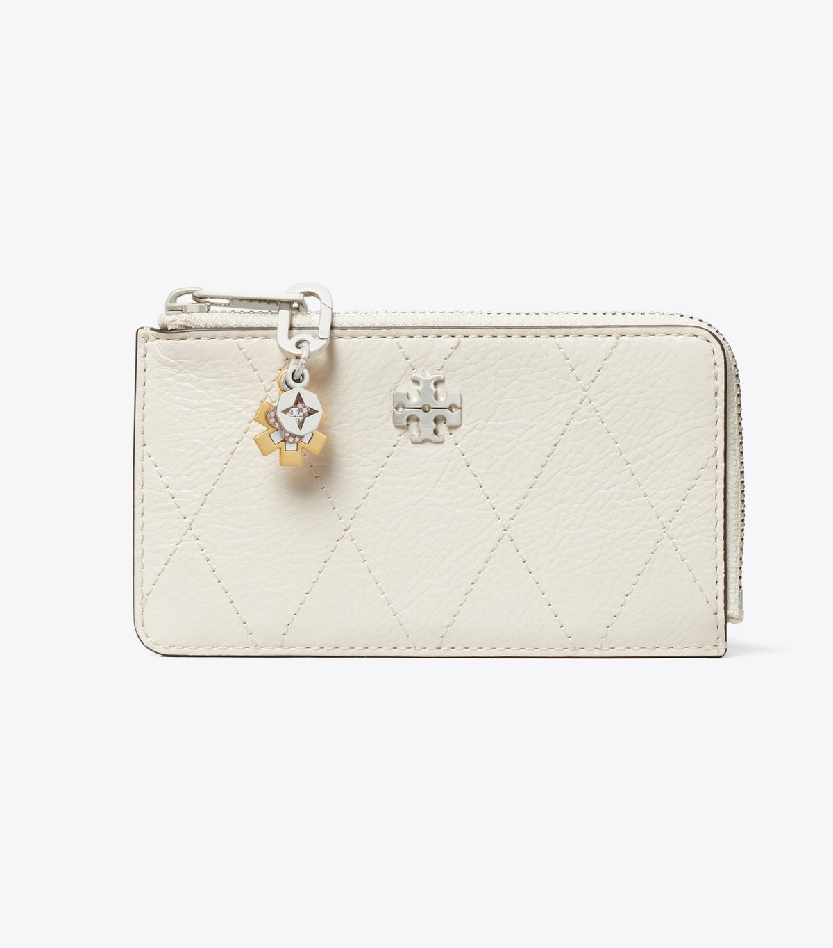 Tory Burch Charlie Quilted Zip Card Case - Light Cream / Charms