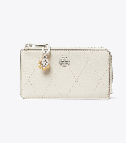 Tory Burch Charlie Quilted Zip Card Case - Light Cream / Charms