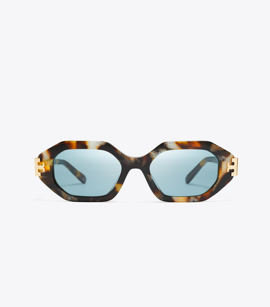 Tory Burch Eleanor Geometric Sunglasses - Dark Wavy Tortoise/Petrol Green