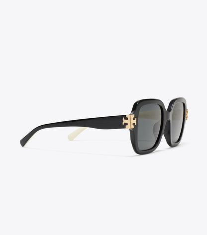 Tory Burch Eleanor Square Sunglasses - Black/Ivory/Dark Gray Solid