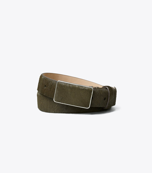 Tory Burch Plate Calf Hair Belt - Dark Olive / Silver