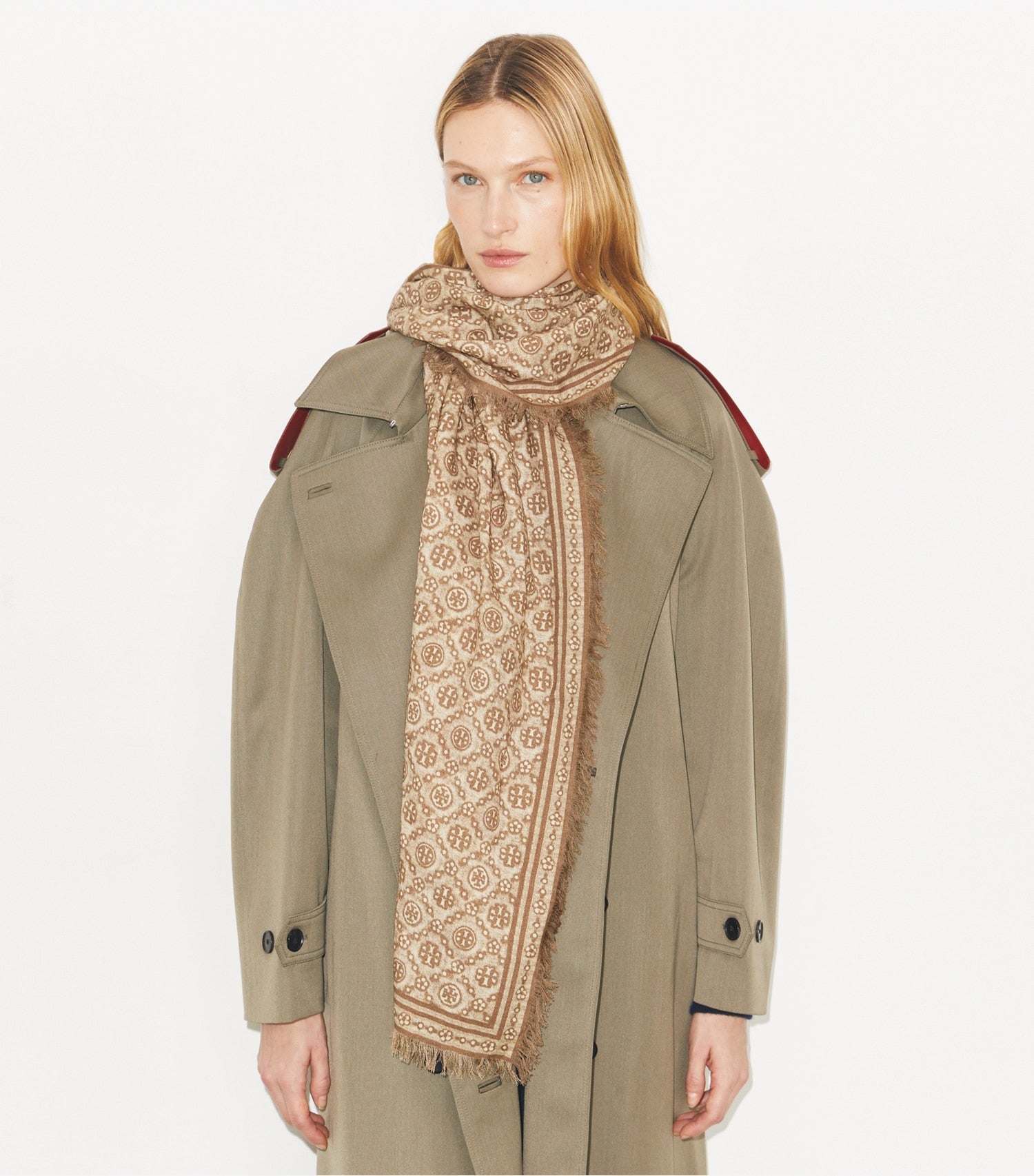 Tory Burch T Monogram Floral Oblong Scarf - Chocolate T Monogram