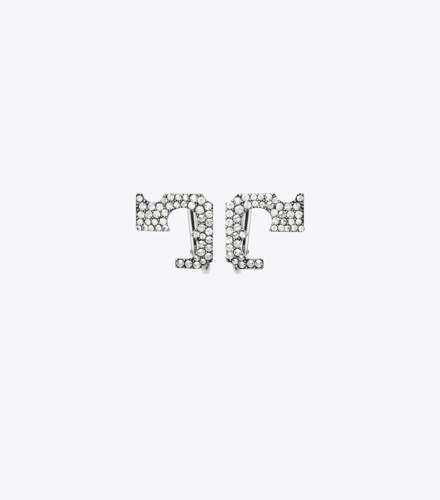 Tory Burch Runway Pavé Serif T Clip-On Earrings - Tory Silver / Crystal