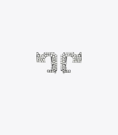 Tory Burch Runway Pavé Serif T Clip-On Earrings - Tory Silver / Crystal