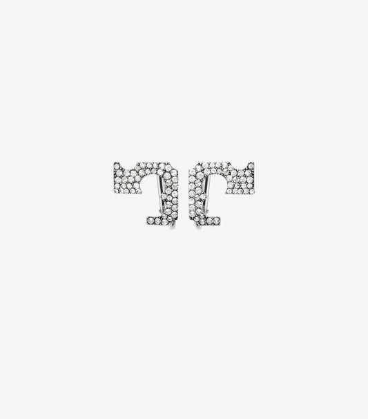 Tory Burch Runway Pavé Serif T Clip-On Earrings - Tory Silver / Crystal