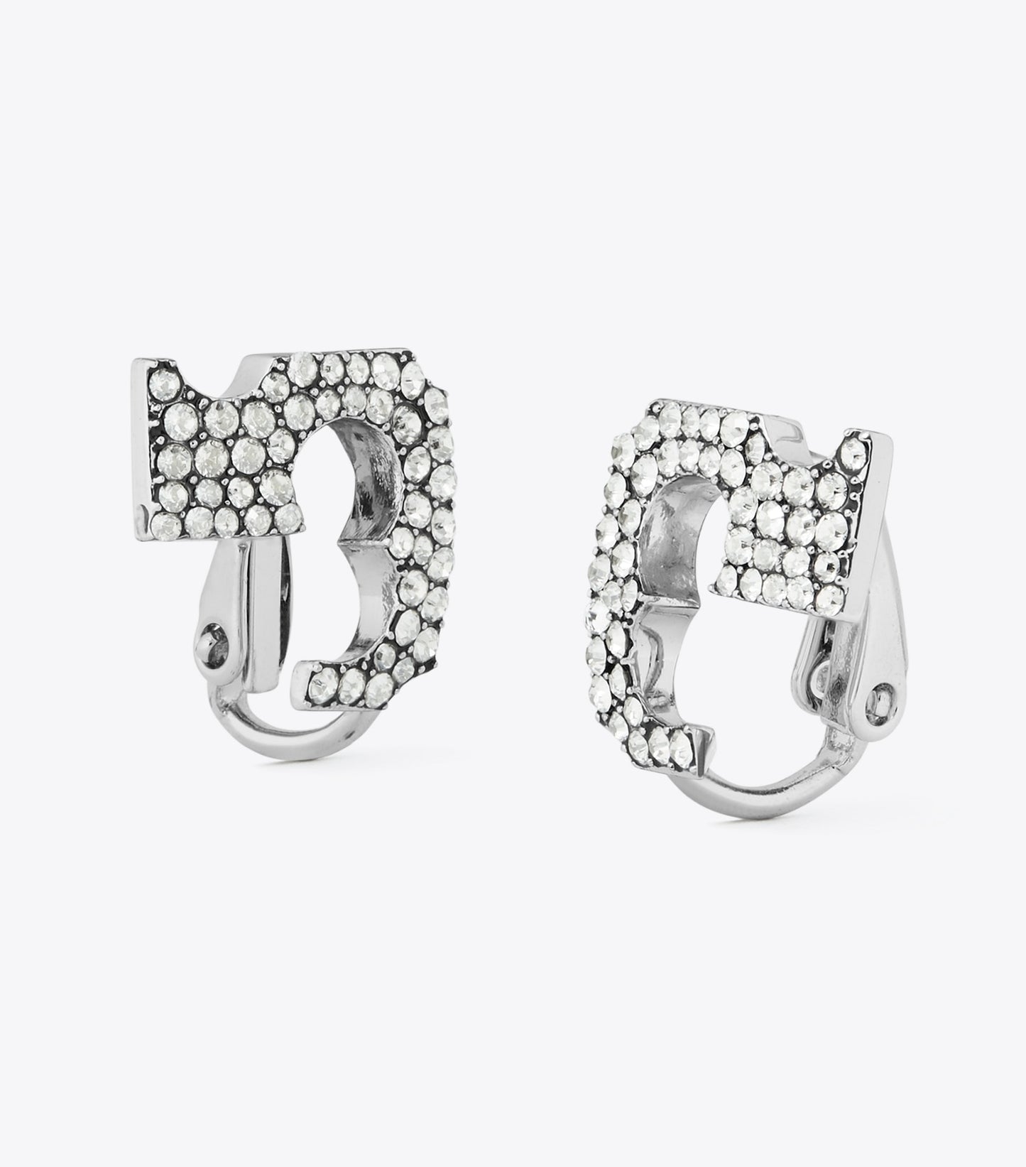 Tory Burch Runway Pavé Serif T Clip-On Earrings - Tory Silver / Crystal