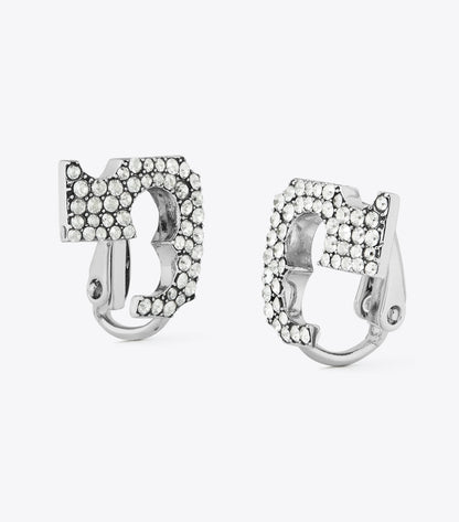 Tory Burch Runway Pavé Serif T Clip-On Earrings - Tory Silver / Crystal