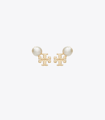 Tory Burch Moondance Logo and Pearl Stud Earrings - Tory Gold / Pearl