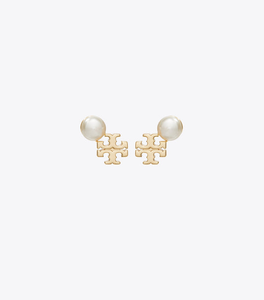 Tory Burch Moondance Logo and Pearl Stud Earrings - Tory Gold / Pearl