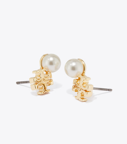 Tory Burch Moondance Logo and Pearl Stud Earrings - Tory Gold / Pearl