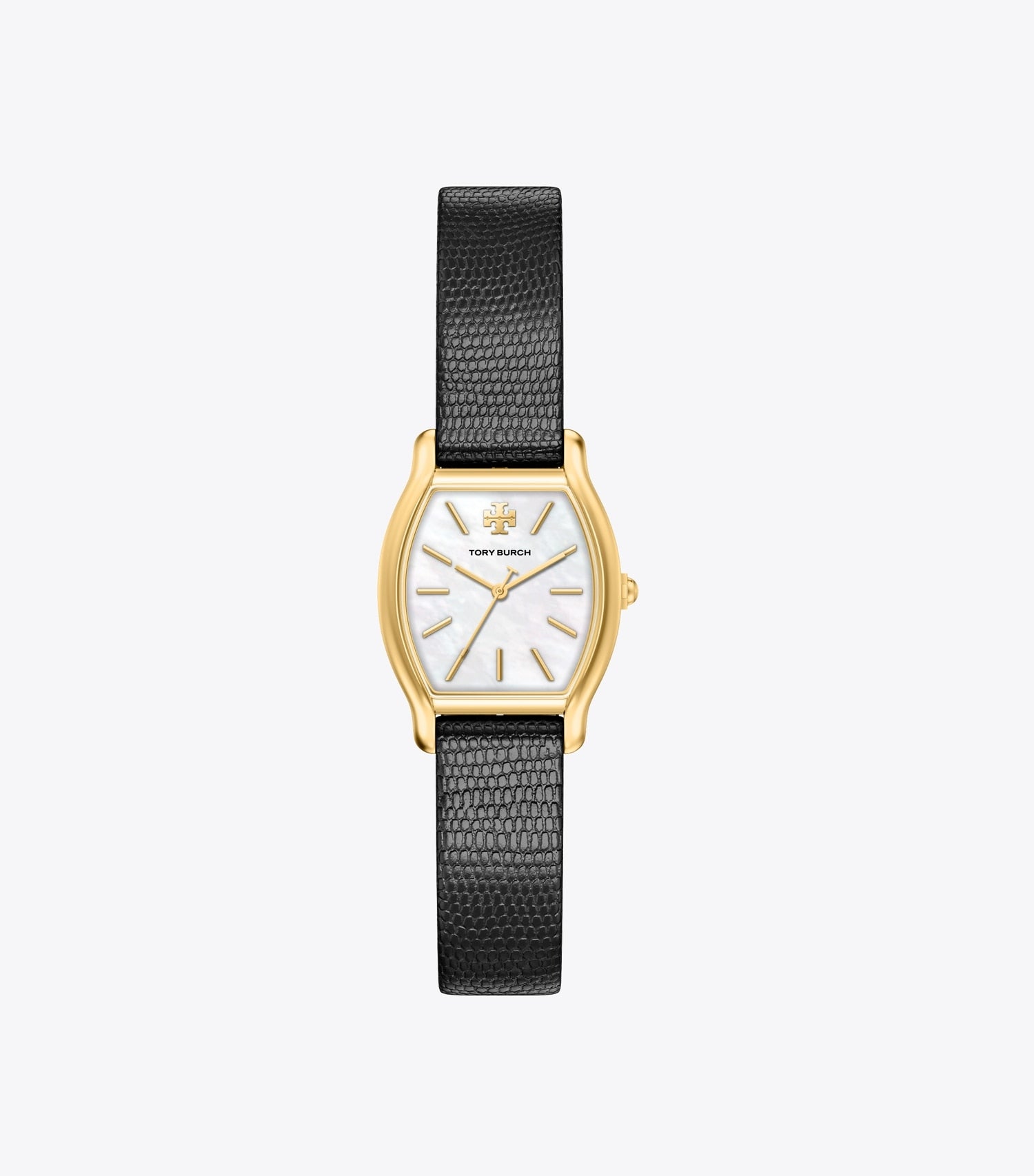 Tory Burch Small Eleanor Curve Watch - Mother-Of-Pearl/Gold/Black Lizard