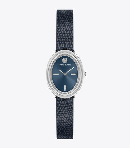 Tory Burch Oval Watch - Blue Steel/Blue Faux Lizard/Silver