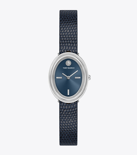 Tory Burch Oval Watch - Blue Steel/Blue Faux Lizard/Silver