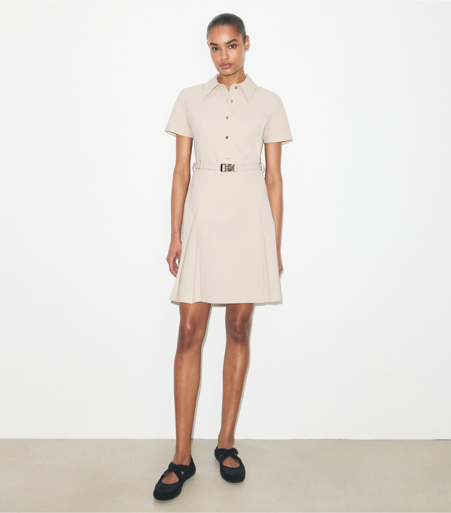 Tory Burch Short-Sleeve Pleated Golf Dress - Stone