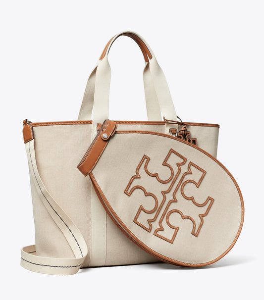 Tory Burch Two-Tone Canvas Tennis Tote - Natural / Brown