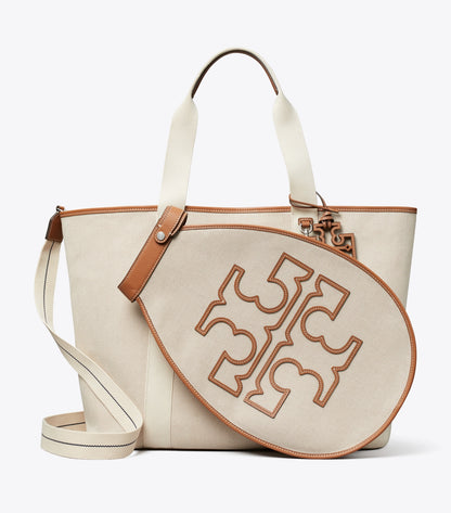 Tory Burch Two-Tone Canvas Tennis Tote - Natural / Brown