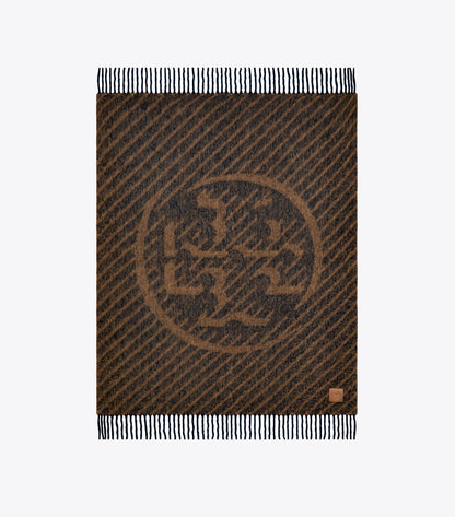 Tory Burch Logo Stripe Bouclé Blanket - Navy / Brown
