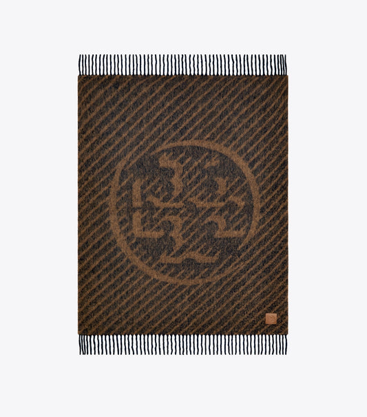 Tory Burch Logo Stripe Bouclé Blanket - Navy / Brown