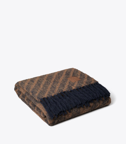 Tory Burch Logo Stripe Bouclé Blanket - Navy / Brown