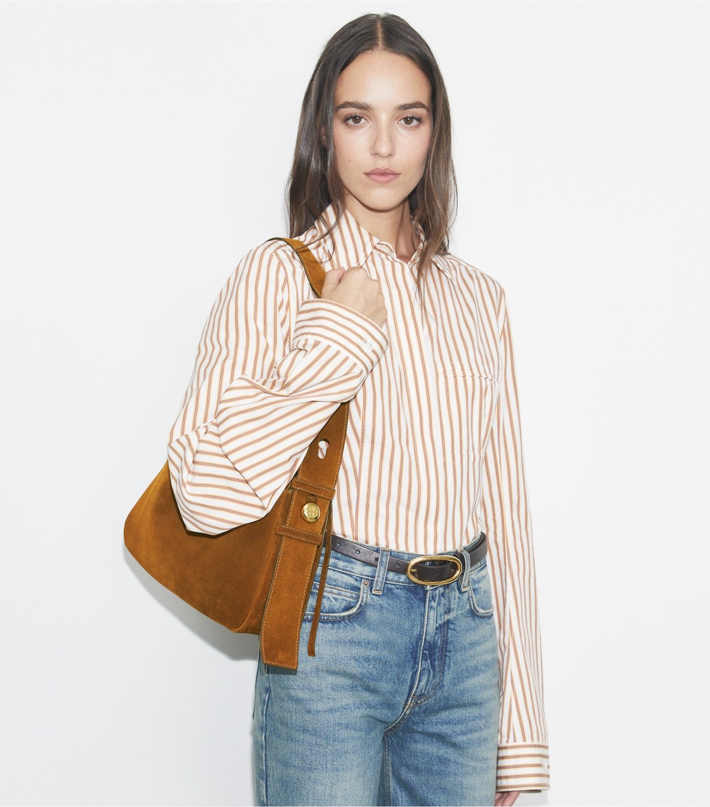 Tory Burch Romy Suede Shoulder Bag - Caramel