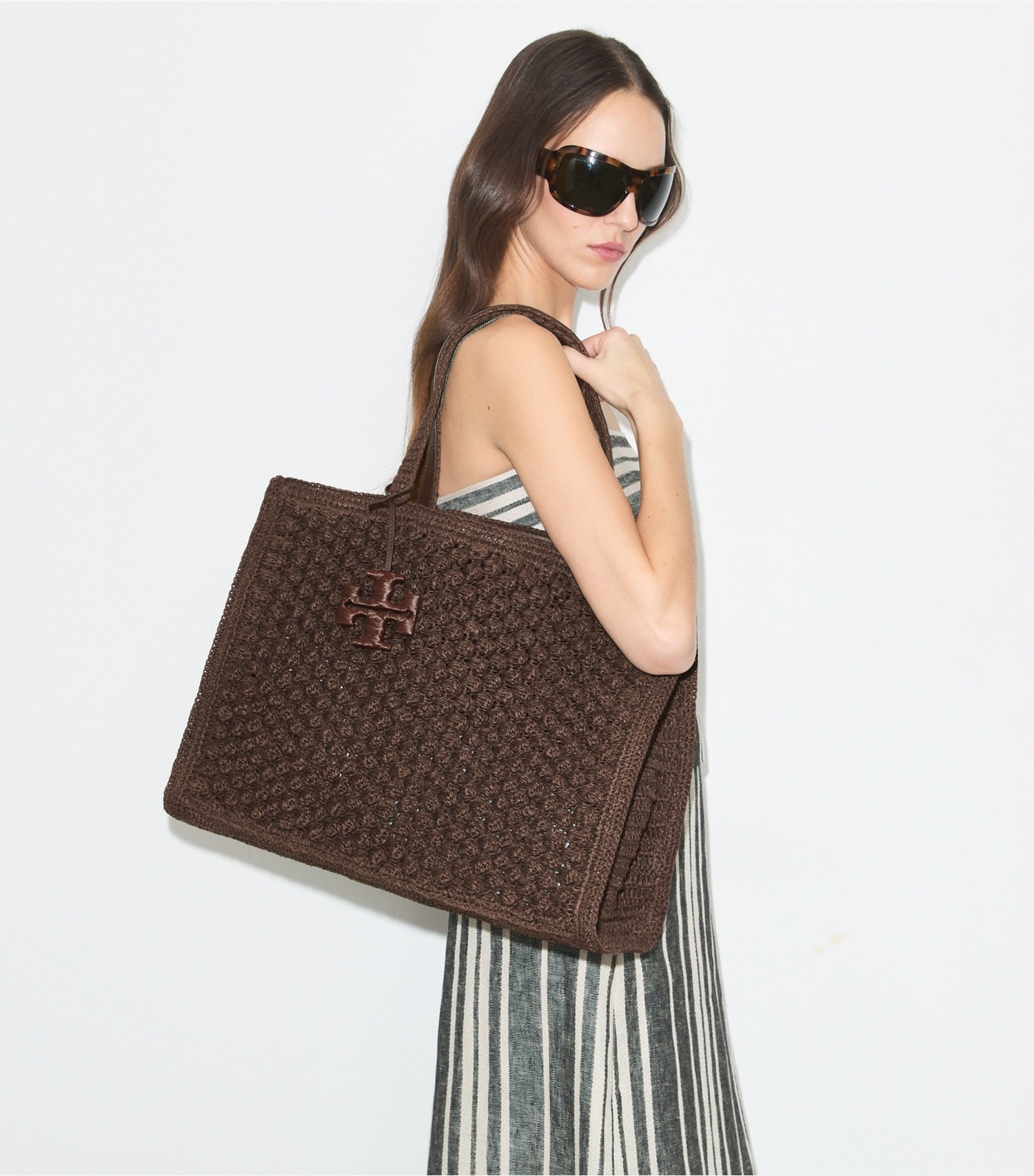 Tory Burch Large Ella Hand-Crocheted Popcorn Tote - Dark Cocoa