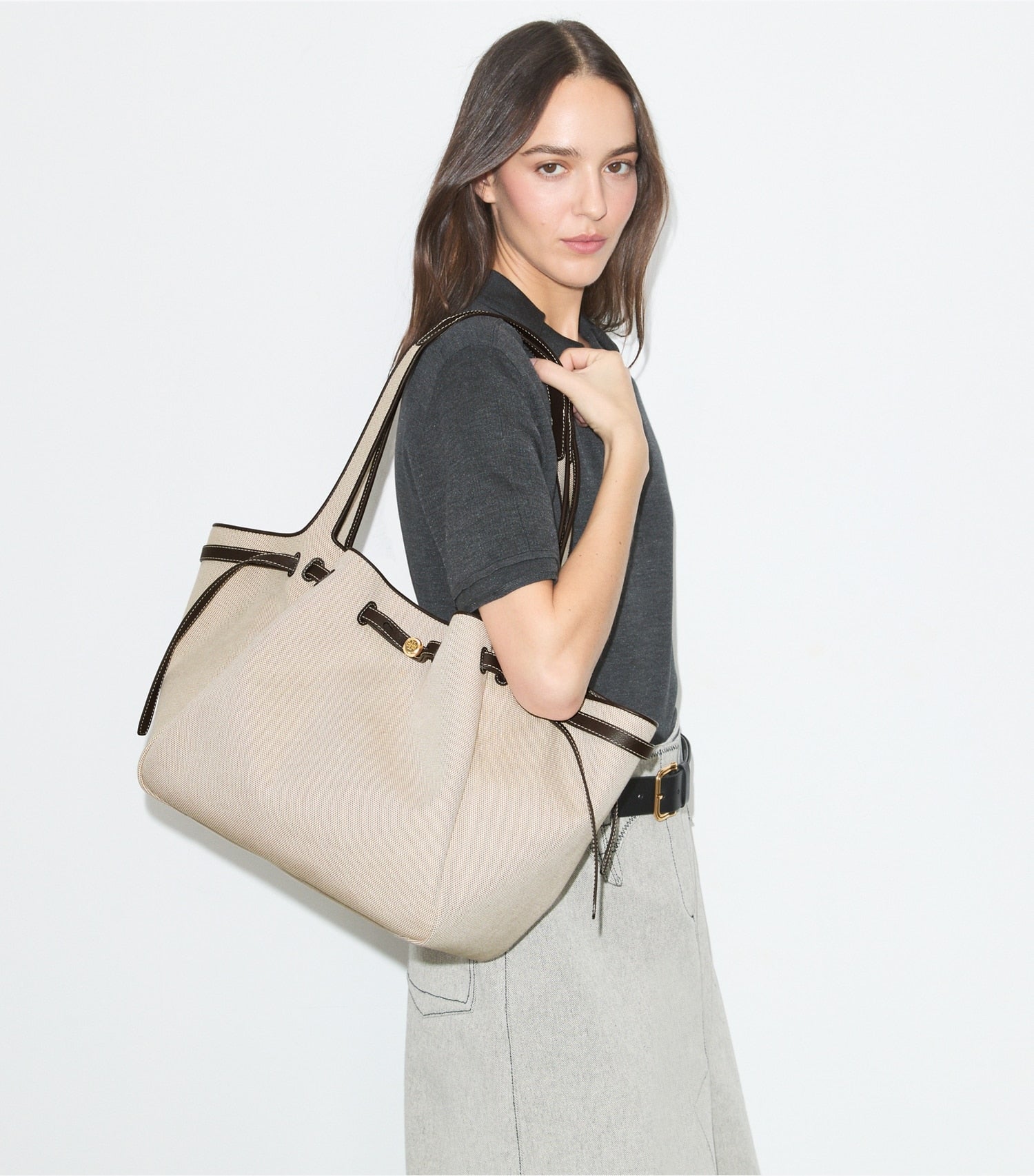 Tory Burch Romy Canvas Tote - Dusty Almond/ Bianco White