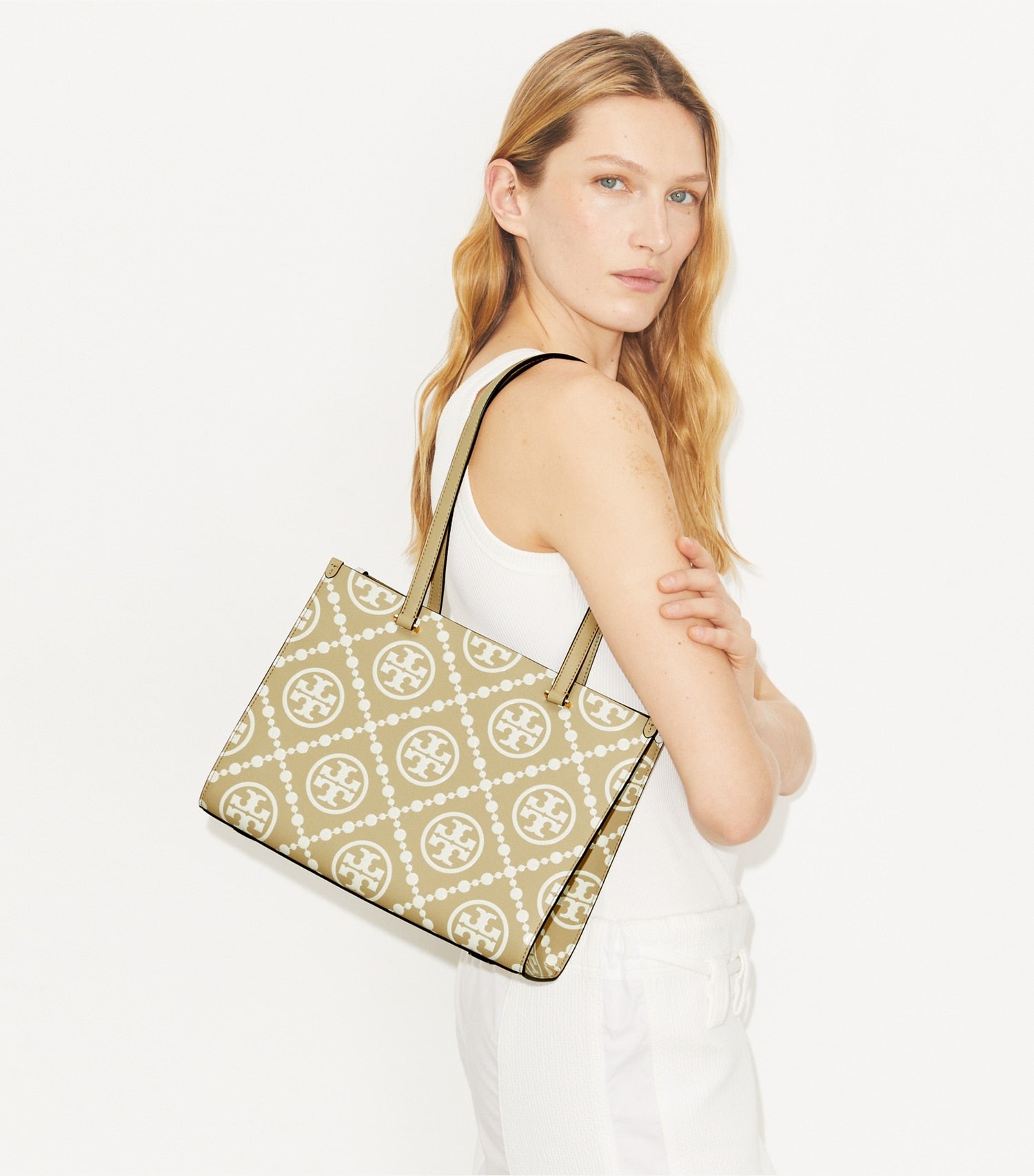 Tory Burch T Monogram Contrast Embossed Small Tote - Beige