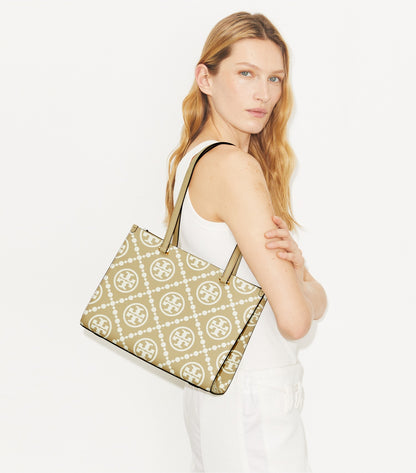 Tory Burch T Monogram Contrast Embossed Small Tote - Beige