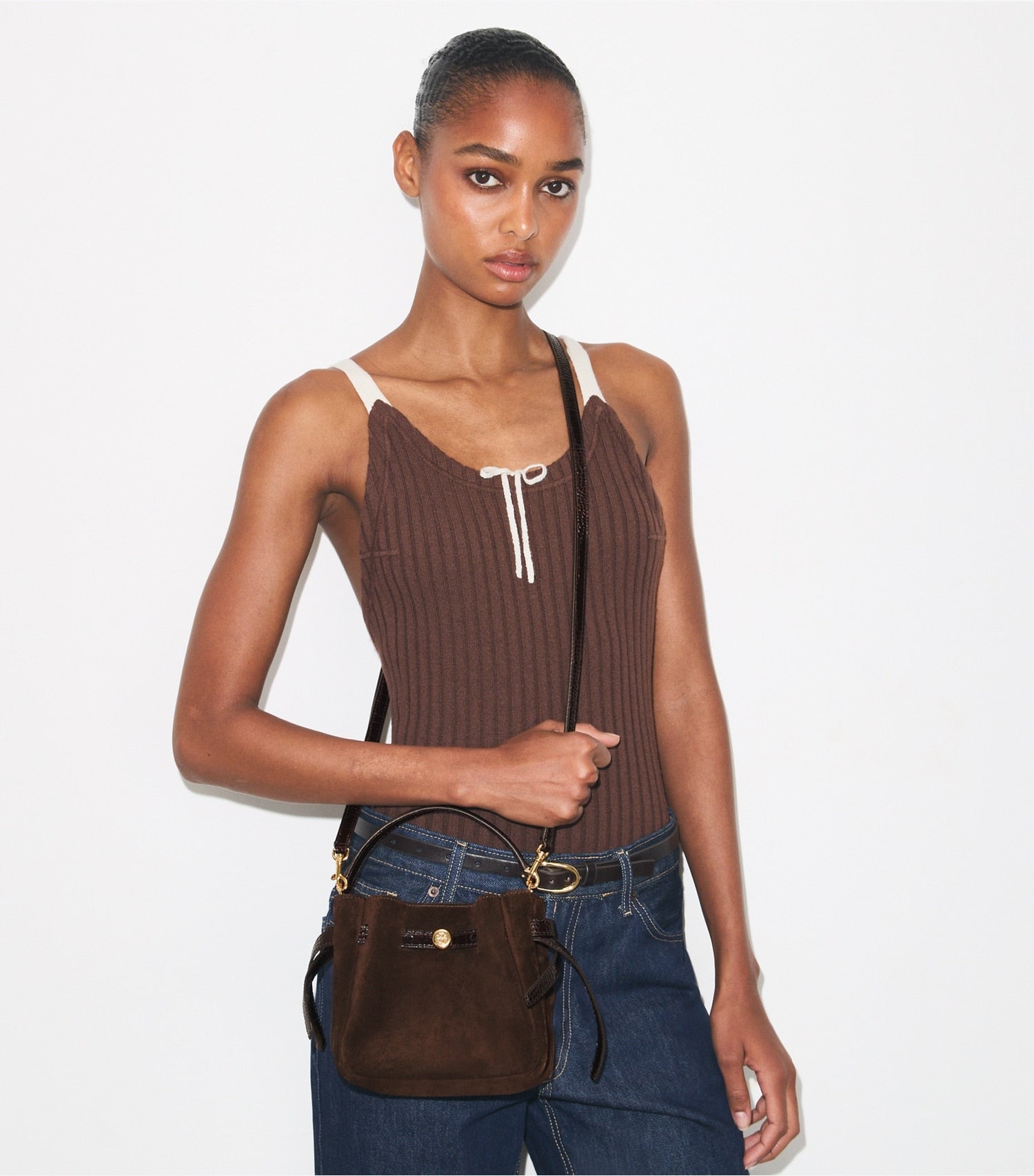 Tory Burch Mini Romy Suede Bucket Bag - Dark Cocoa