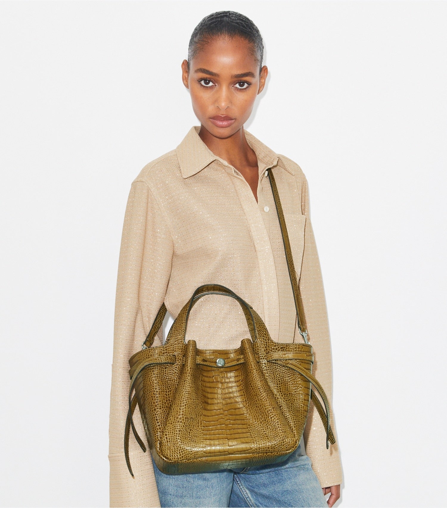 Tory Burch Small Romy Croc-Embossed Tote - Shroom