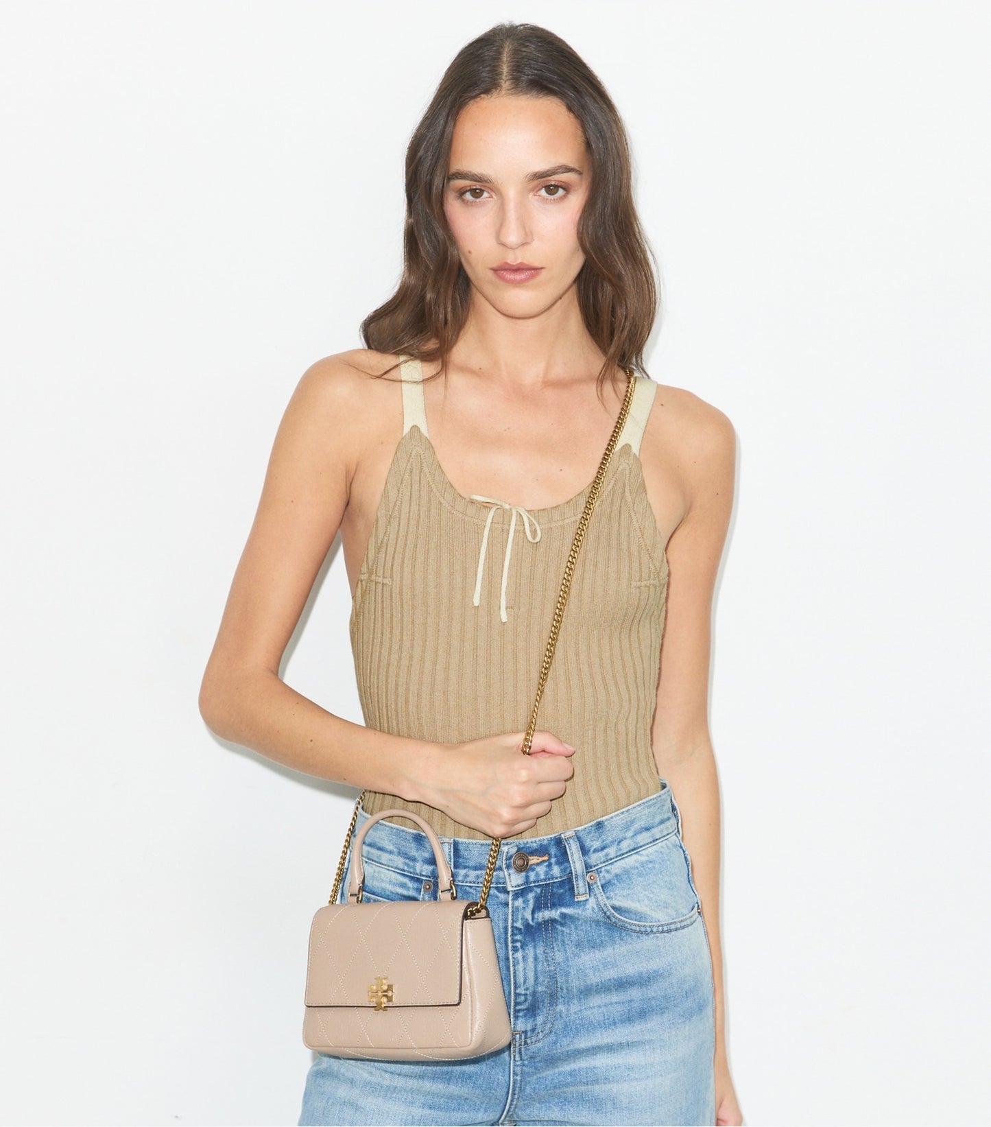 Tory Burch Mini Charlie Quilted Top-Handle Crossbody - Soft Cement