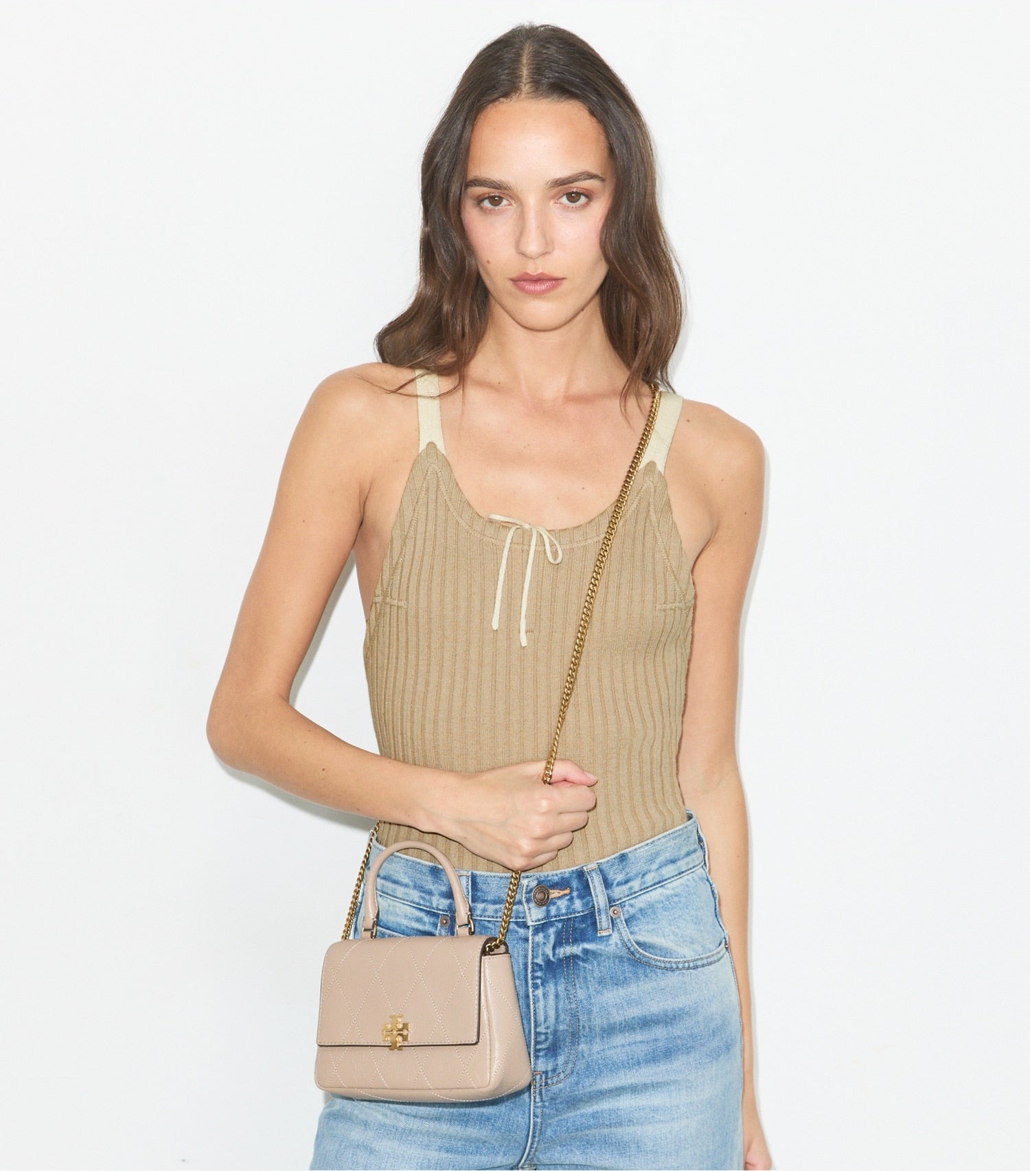 Tory Burch Mini Charlie Quilted Top-Handle Crossbody - Soft Cement