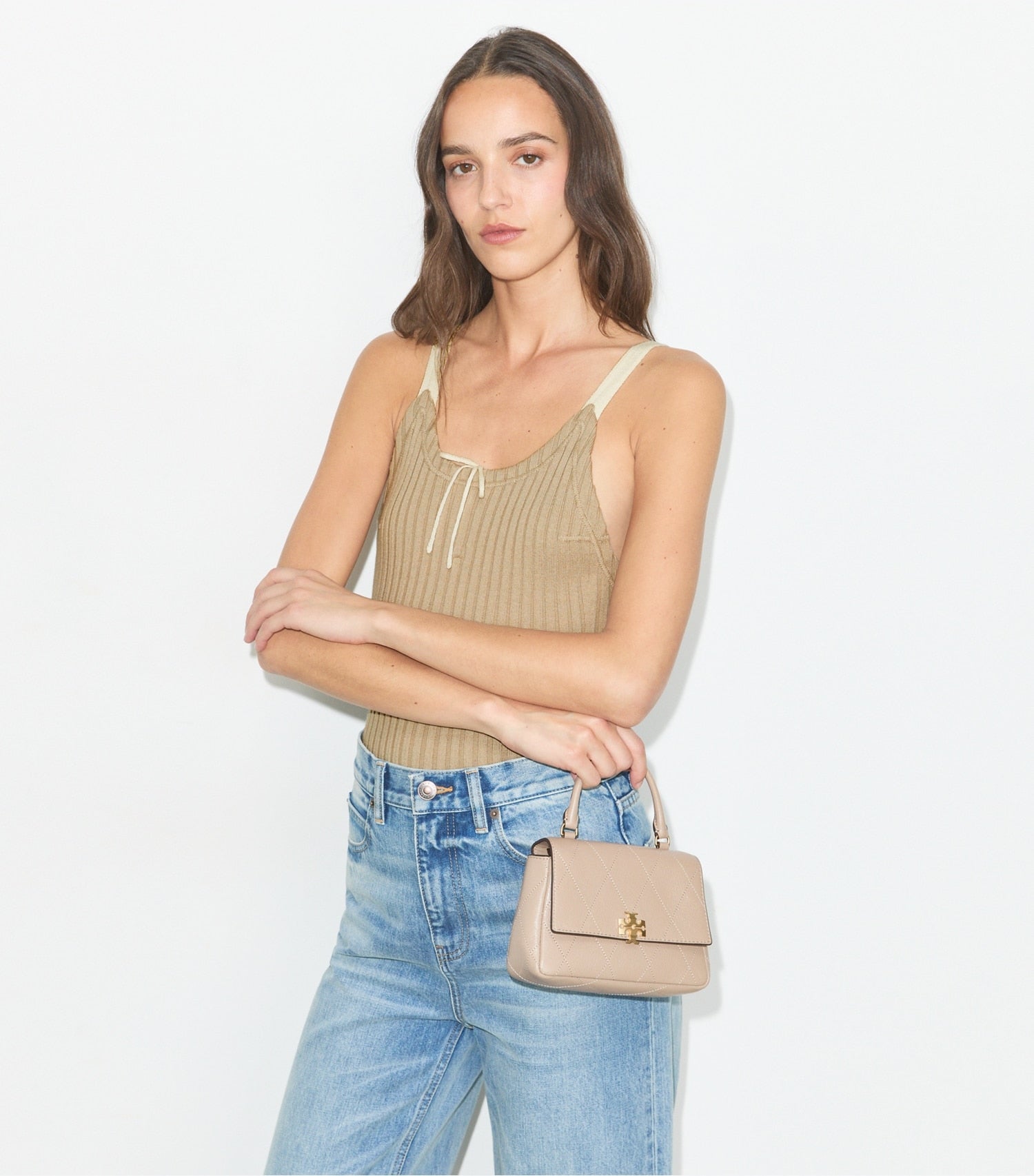 Tory Burch Mini Charlie Quilted Top-Handle Crossbody - Soft Cement