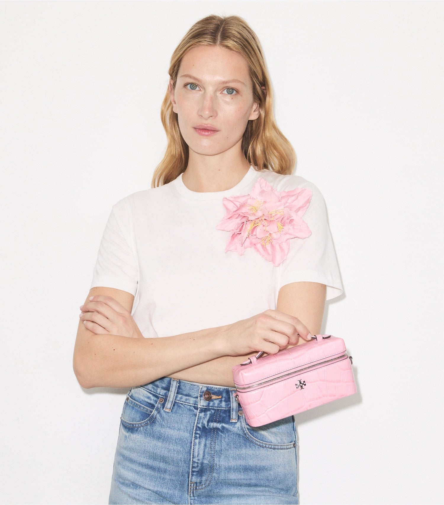 Tory Burch Charlie Croc-Embossed Vanity Case - Rose Sunset