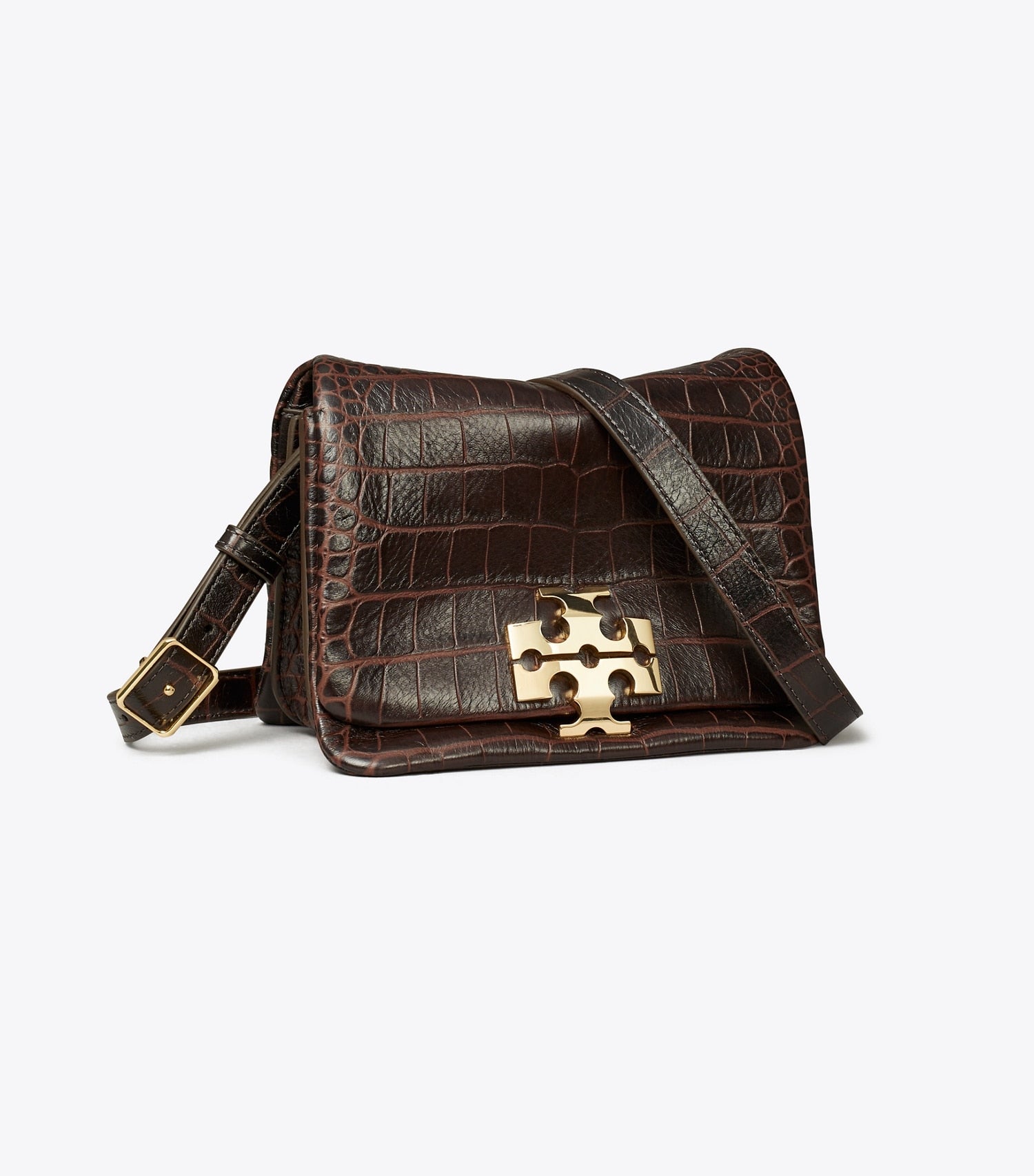 Tory Burch Charlie Runway Croc-Embossed Shoulder Bag - Dark Brown