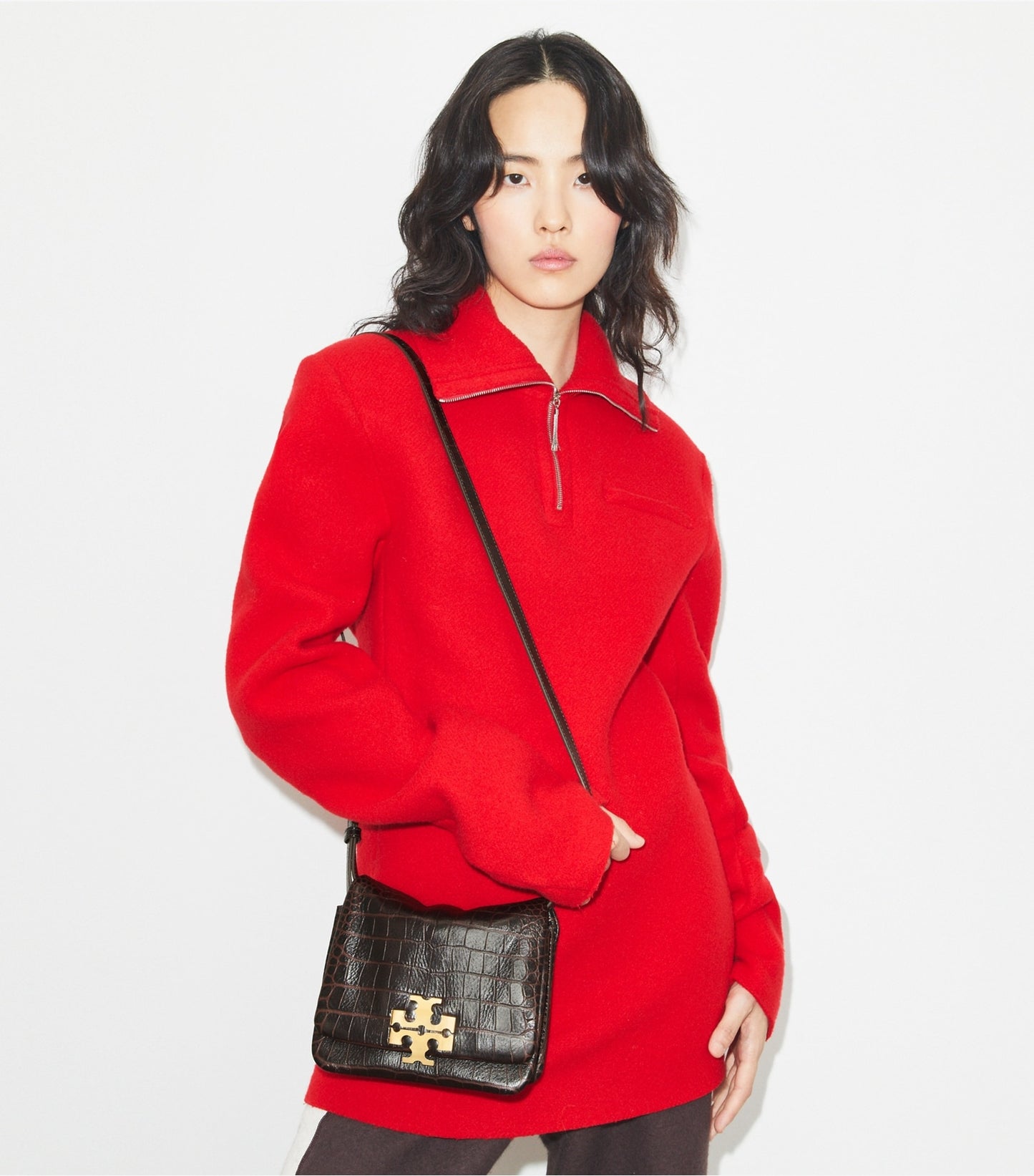 Tory Burch Charlie Runway Croc-Embossed Shoulder Bag - Dark Brown