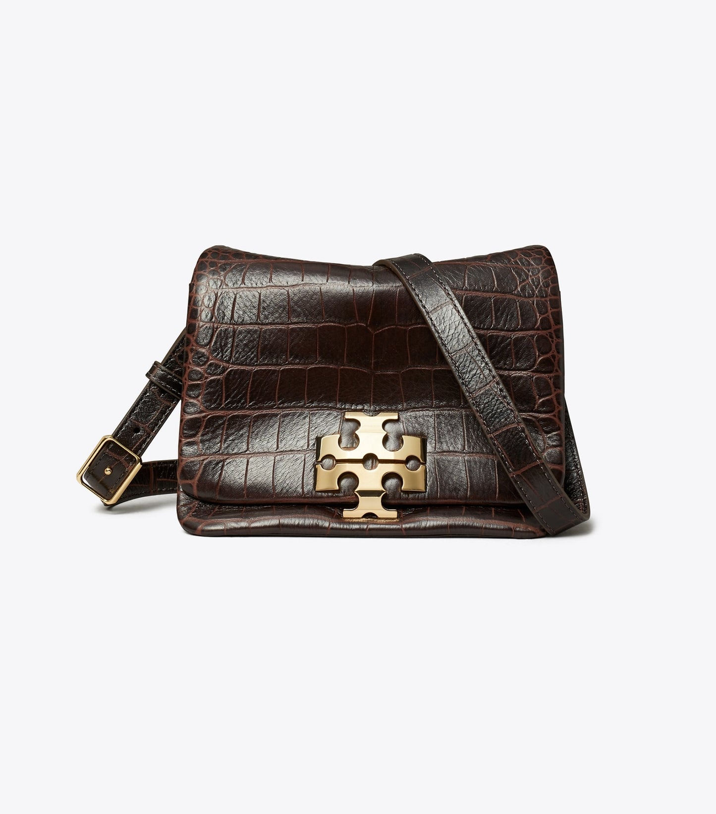 Tory Burch Charlie Runway Croc-Embossed Shoulder Bag - Dark Brown