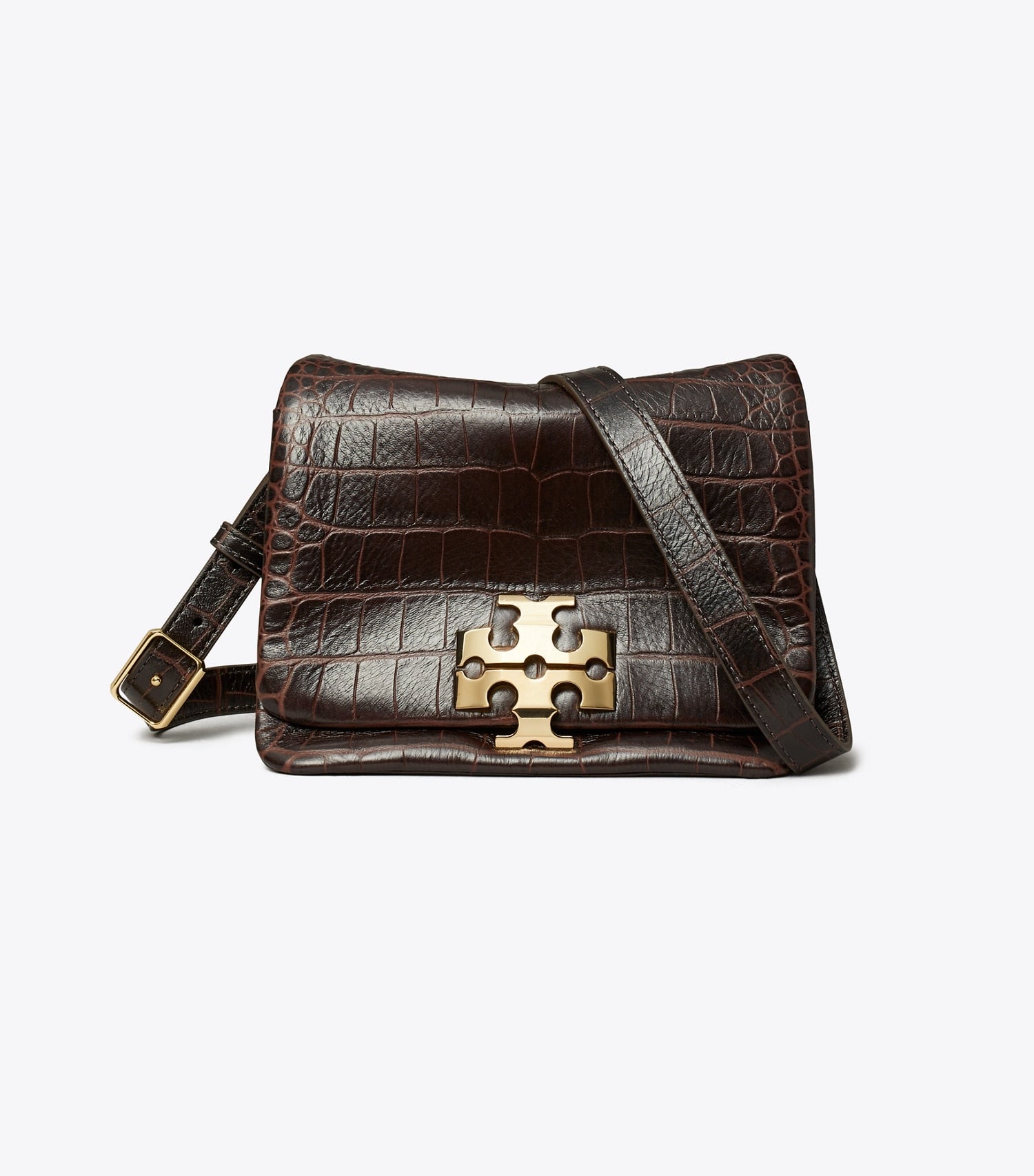 Tory Burch Charlie Runway Croc-Embossed Shoulder Bag - Dark Brown