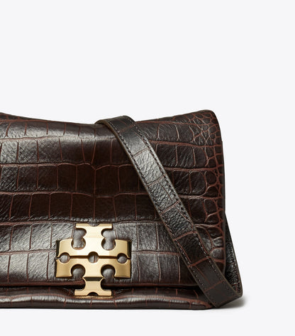 Tory Burch Charlie Runway Croc-Embossed Shoulder Bag - Dark Brown