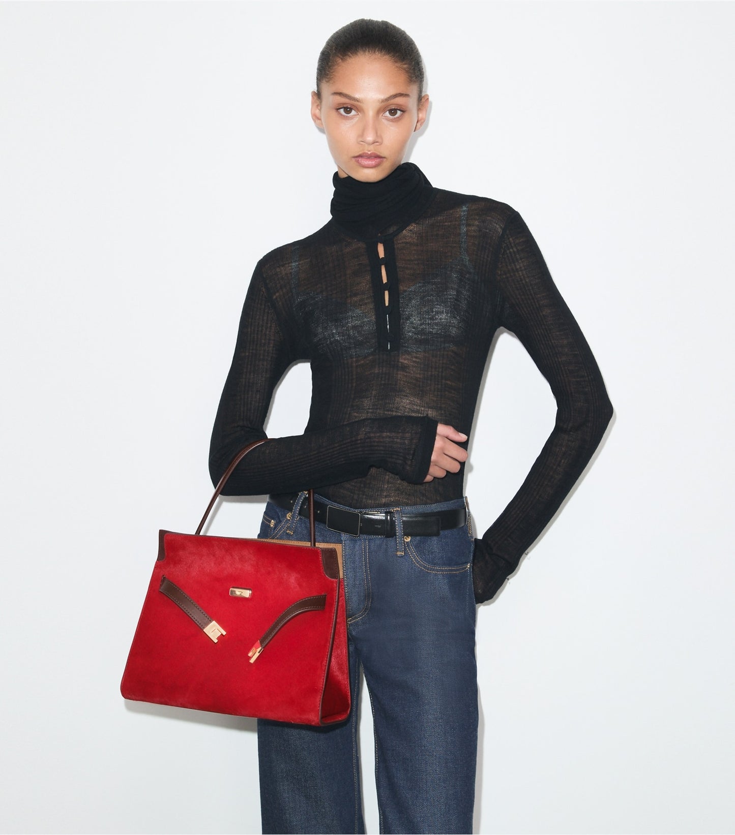 Tory Burch Small Lee Radziwill Calf Hair Double Bag - Toucan Red