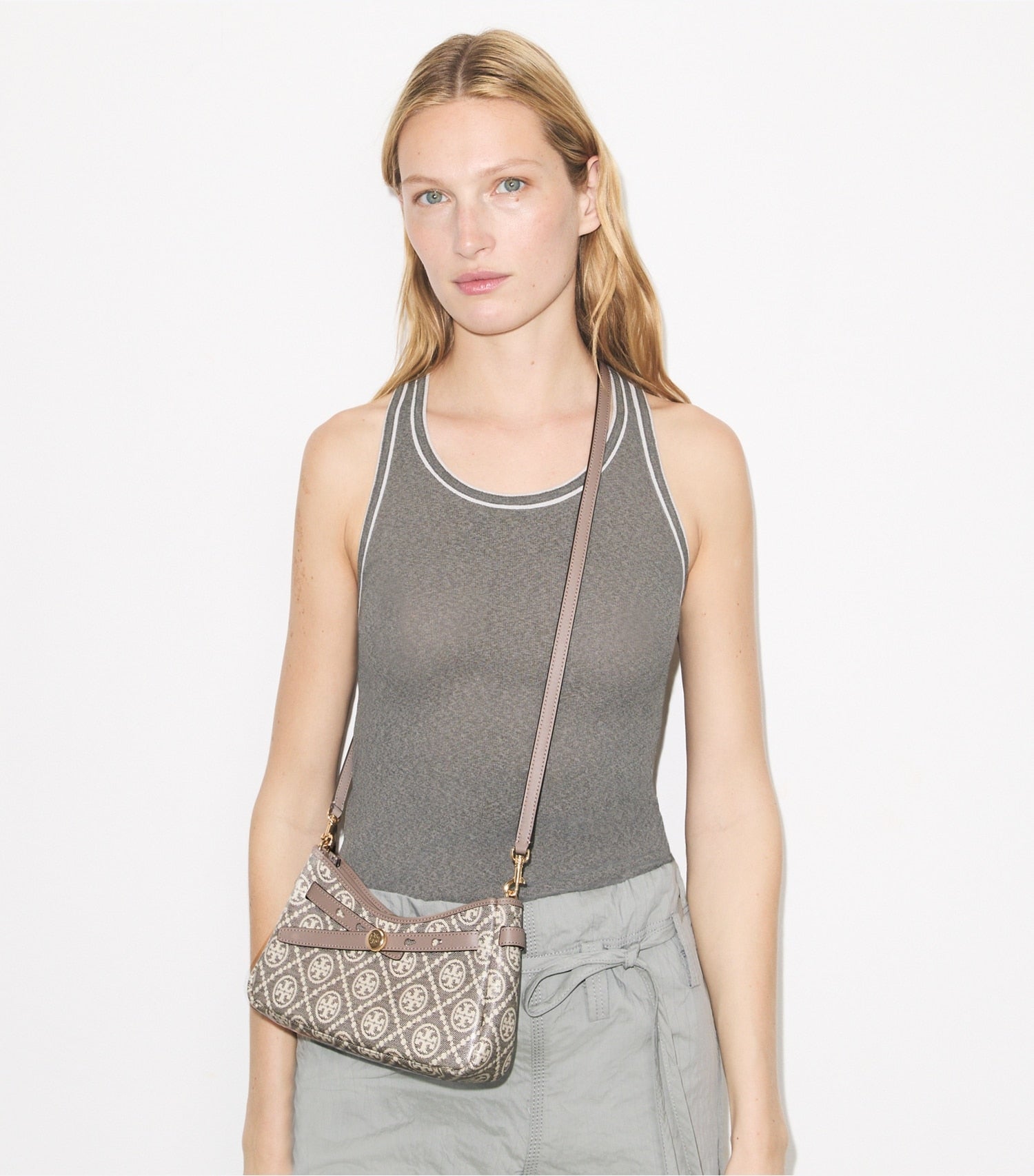 Tory Burch T Monogram Coated Jacquard Romy Zip-Top Crossbody Bag - Charcoal