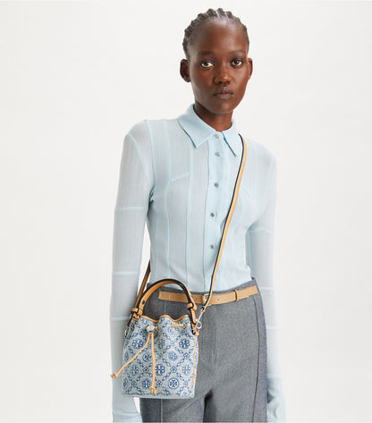 Tory Burch T Monogram Denim Mini Bucket Bag - Powder Blue